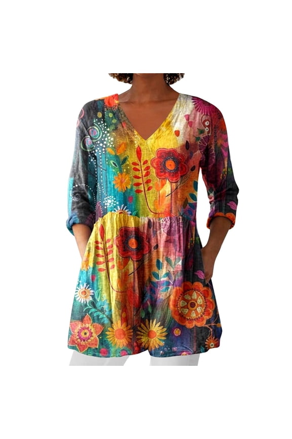 Shirts For Women New Women's Printed Group Shirt Women's Linen V Neck Casual Shirt Womens Tops