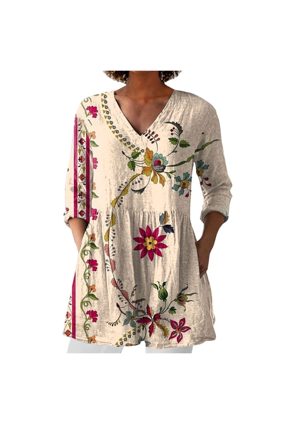 Shirts For Women New Women's Printed Group Shirt Women's Linen V Neck Casual Shirt Womens Tops