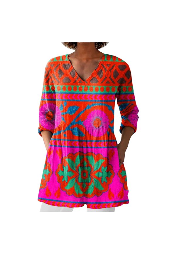 Shirts For Women New Women's Printed Group Shirt Women's Linen V Neck Casual Shirt Womens Tops