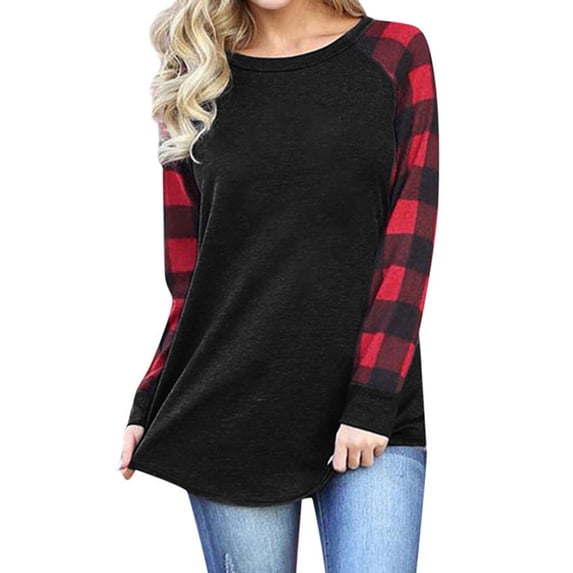 Shirts For Women Plaid Stitching Basic Womens Tops Crew Neck Long Sleeve Pullover Blouse T-Shirt Alsol Lamesa