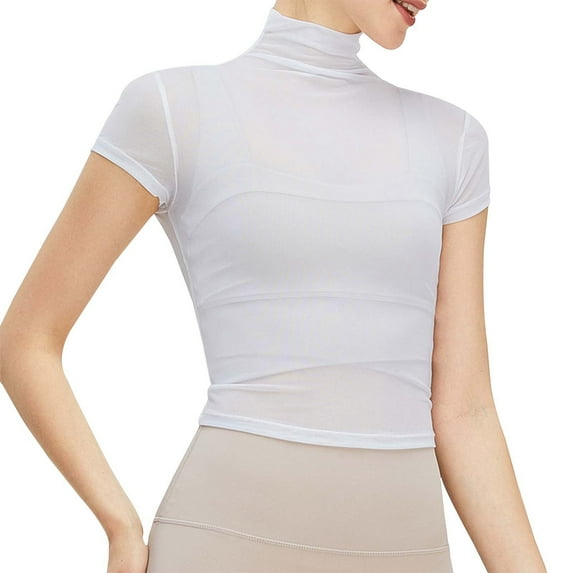 Shirts For Women Retro High Neck Yoga Smock Sports Fitness Mesh Sunscreen Yoga Wear White Loose Fit Basic Blouse L