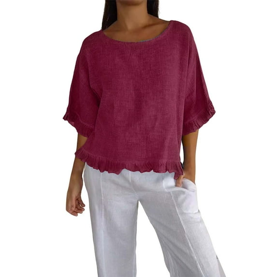 Shirts For Women Round Neck Ruffled Hem Mid Sleeve Cotton And Linen Top Long Sleeve Shirts For Women