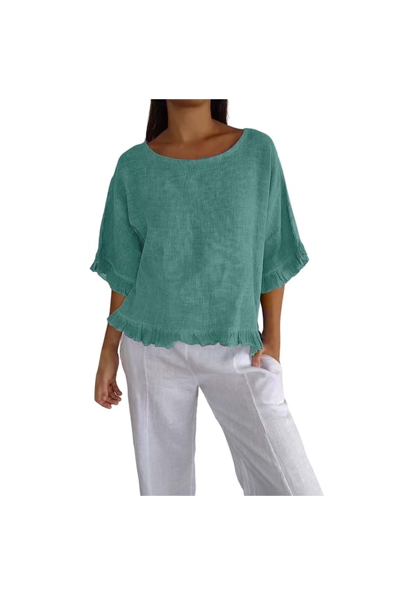 Shirts For Women Round Neck Ruffled Hem Mid Sleeve Cotton And Linen Top Long Sleeve Shirts For Women