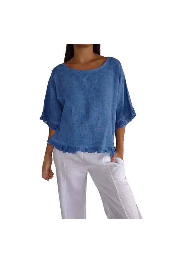 Shirts For Women Round Neck Ruffled Hem Mid Sleeve Cotton And Linen Top Long Sleeve Shirts For Women