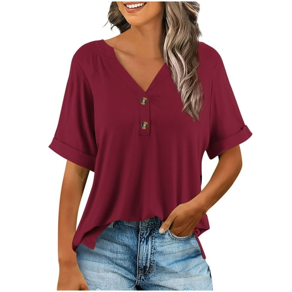 Shirts For Women Sevevn Women Fashionable And Comfortable Casual Button V-Neck T-Shirt Loose And Elastic Top