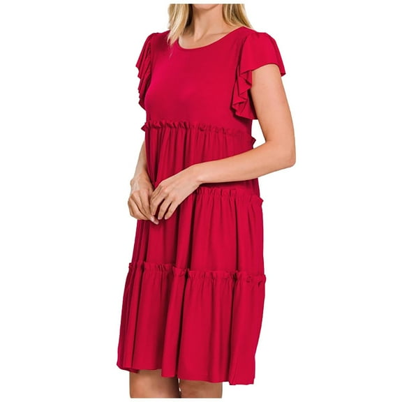 Summer Dresses Sevevn Fashion Women Summer Solid Causal Round Neck Comfy Ruffle Sleeves Dress