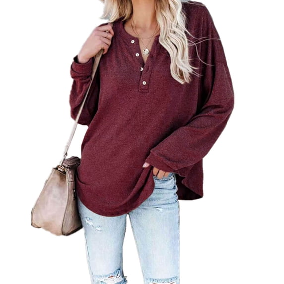 Shirts For Women Solid Color Buttons Womens Tops Long Sleeve Crew Neck Pullover Blouse T-Shirt Alsol Lamesa