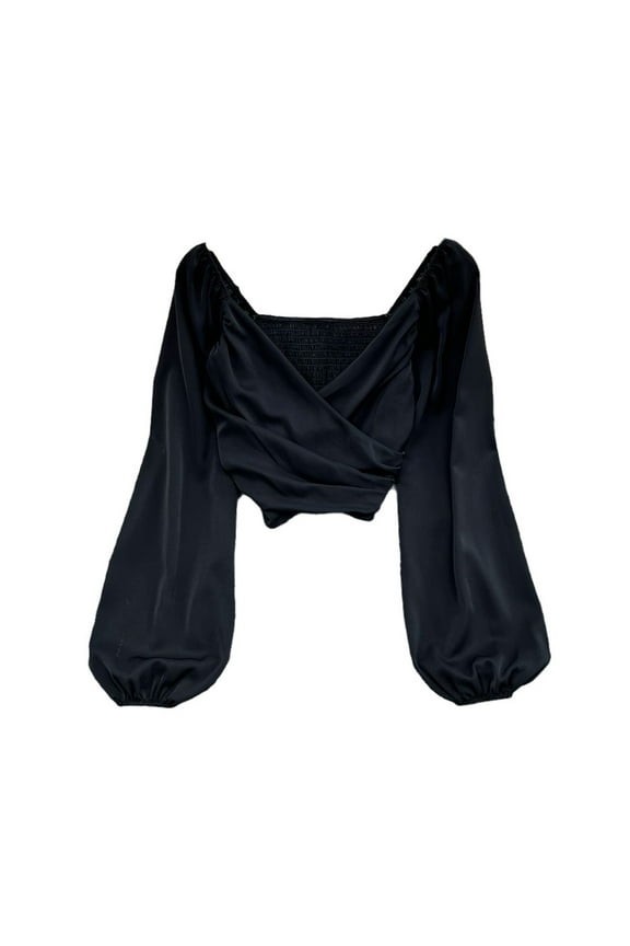 Shirts For Women Spring Solid Color V Neck Pleated Bubble Long Sleeved Pullover Shirt Short Style Exposed Belly Top Womens Tops