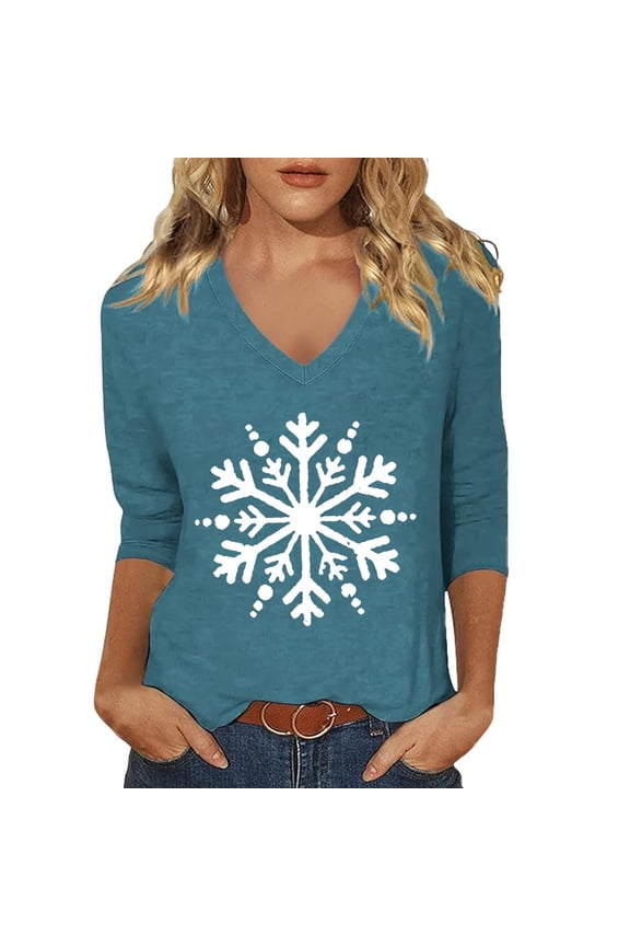 Shirts For Women Tees Tops 3/4 Sleeve Summer Snowflake Print V Neck Tunic Plus Size Outfits