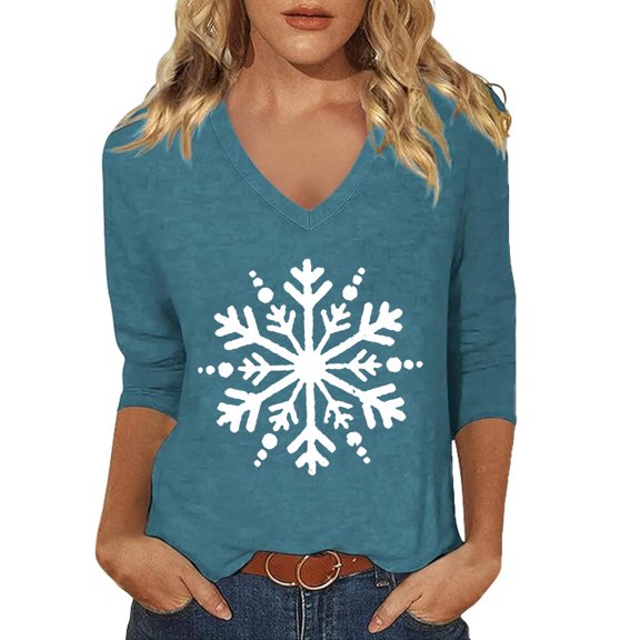Shirts For Women Tees Tops 3/4 Sleeve Summer Snowflake Print V Neck Tunic Plus Size Outfits