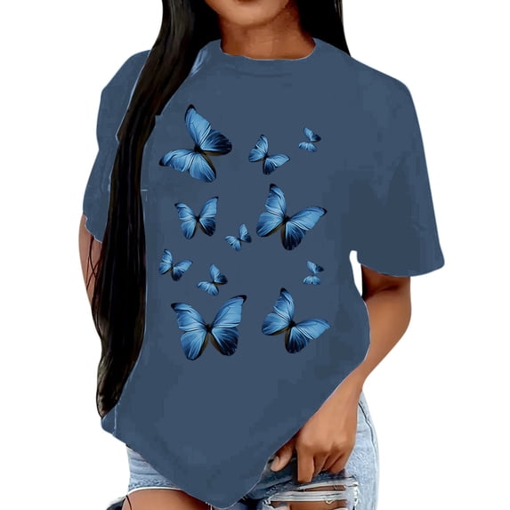 Shirts For Women Tees Tops Blue Butterfly Print Short Sleeve Summer Crew Neck Fall Outfits Fashion Clothes 2025
