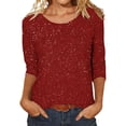 thumbnail image 1 of Shirts For Women Tees Tops Casual 3/4 Sleeve Sparkling Print Crew Neck Loose Fit Clothes Red, 1 of 4