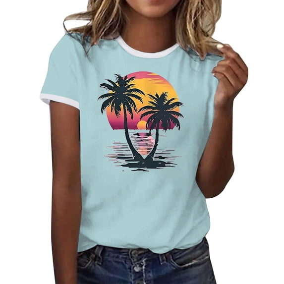 Shirts For Women Tees Tops Color Block Graphic Short Sleeve Beach Summer Plus Size Clothes