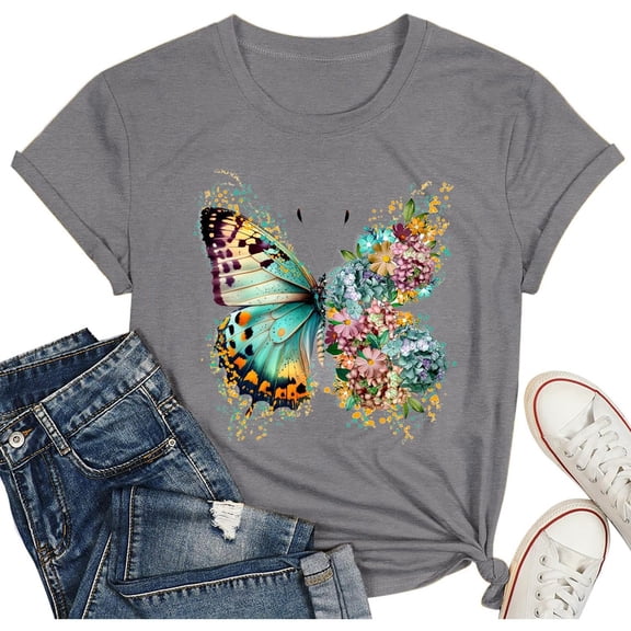 Shirts For Women Tees Tops Floral Butterfly Print Summer Short Sleeve Crewneck Fashion Clothing