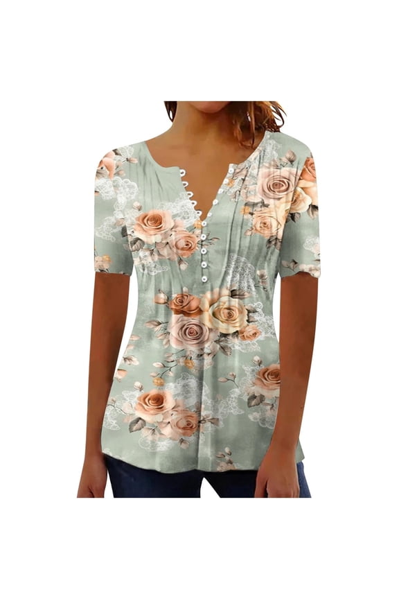 Shirts For Women Tees Tops Flower Print Short Sleeve Boho Vintage Half Button Workout Clothes Green
