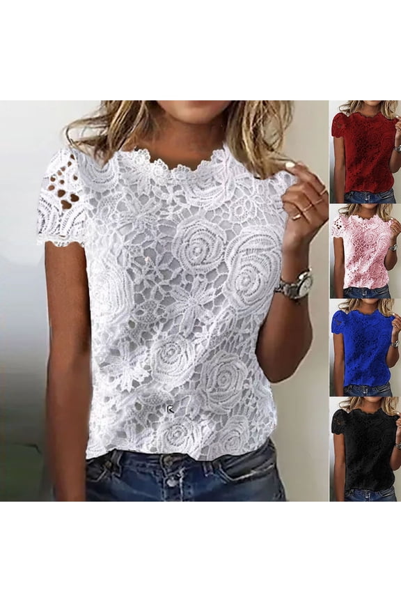 Shirts For Women Tees Tops Lace Flower Ruffle Hem Short Sleeve Solid Basic Slim Undershirts White