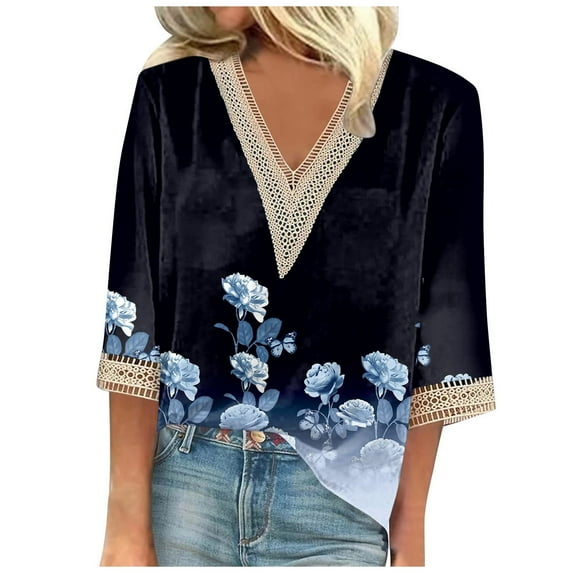 Shirts For Women Tees Tops Lace Hem Summer Short Sleeve Vintage Casual Print Tunic Blouse Sky Blue 5XL