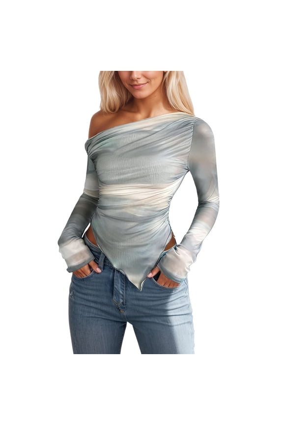 Shirts For Women Tees Tops Tie Dye Print Asymmetric Hem Off Shoulder Long Sleeve Summer Outfits Fashion Clothes 2026 Gray
