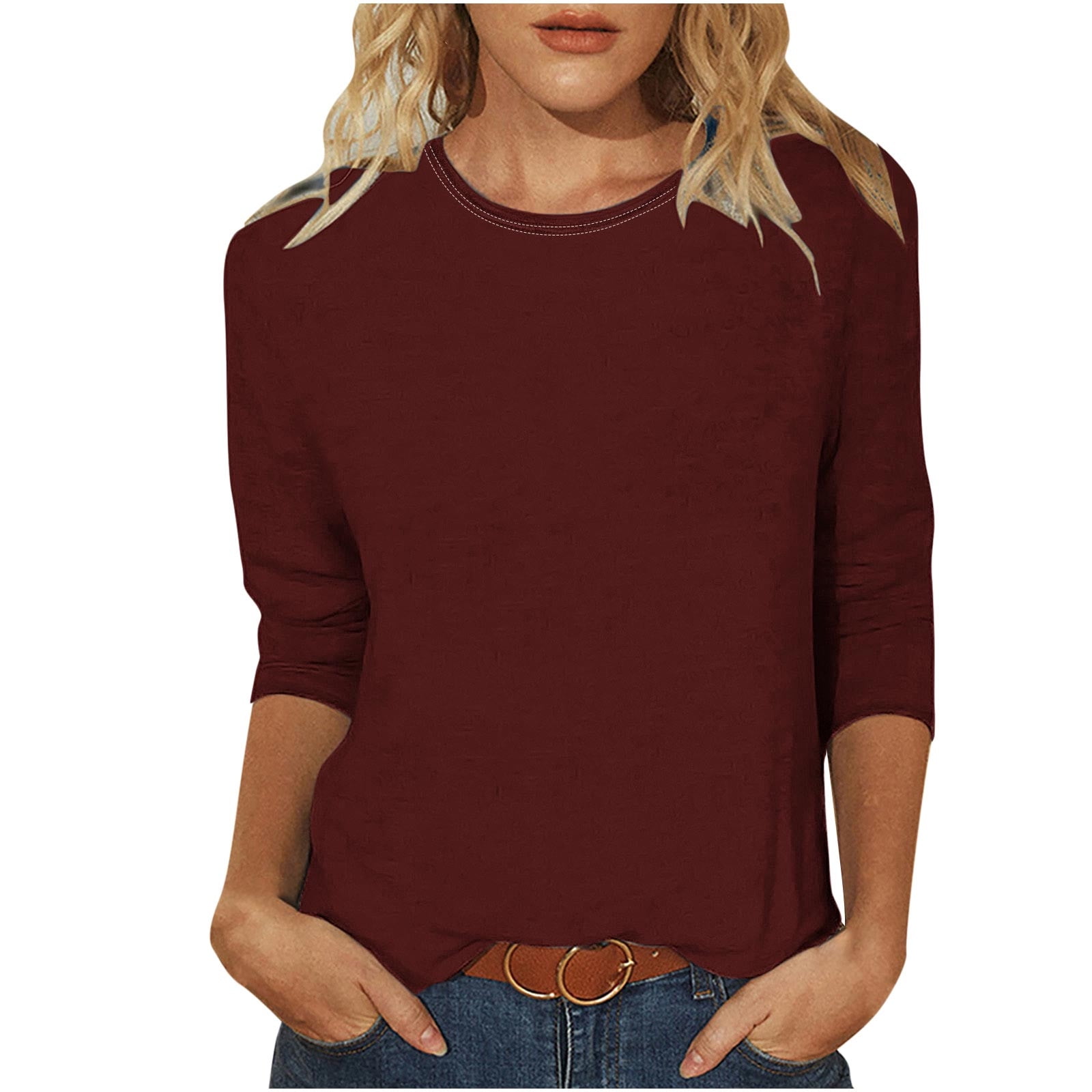 Shirts For Women Trendy Sevevn Womens Casual Solid Color Round Neck Three Quarter Sleeve Blouse
