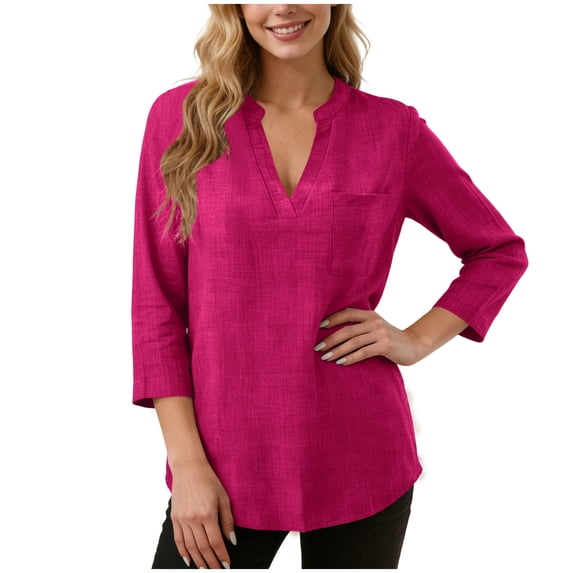 Shirts For Women Trendy Sevevn Women's Casual V Neck 3/4 Roll Sleeve Blouse Linen Blend Tunic Top with Pocket Hot Pink XL