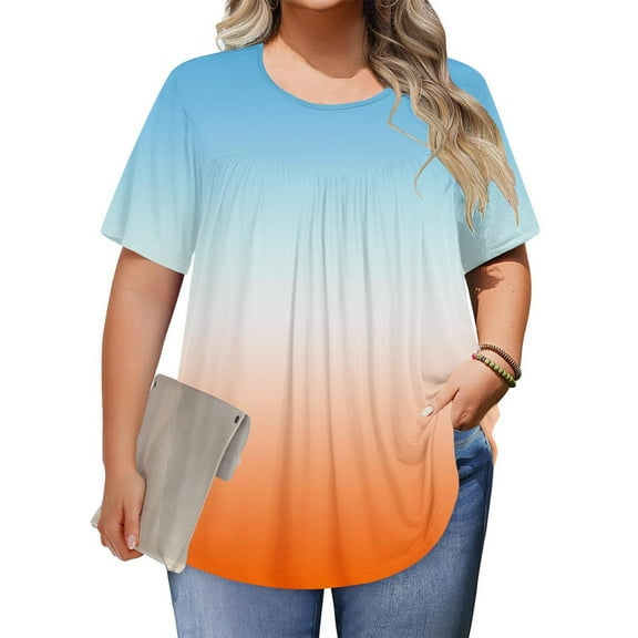 Shirts For Women Trendy Sevevn Women's Crew-neck Gradient Short-Sleeved Pleated Loose Blouses For Women Dressy Casual