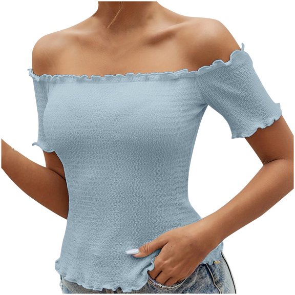 Shirts For Women Trendy Sevevn Women's Off Shoulder Shirred Short Sleeve Crop Blouse Tee Top