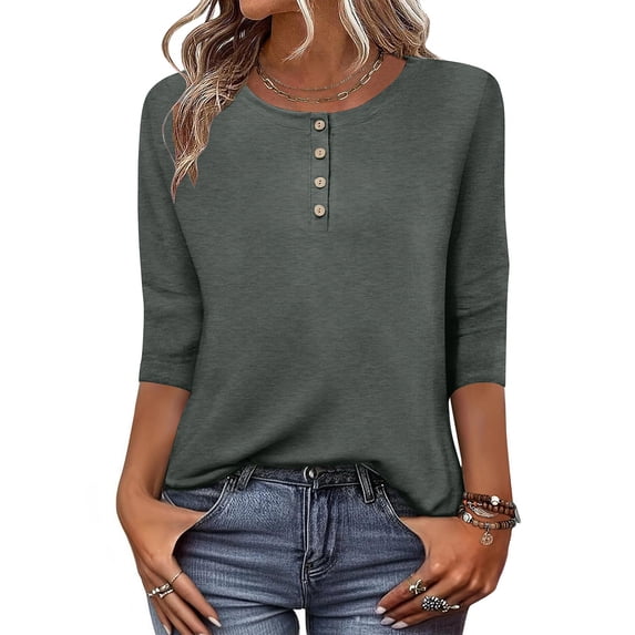 Shirts For Women Trendy Sevevn Women's Solid Color Casual Button Round Neck 3/4 Sleeve T-Shirt Loose
