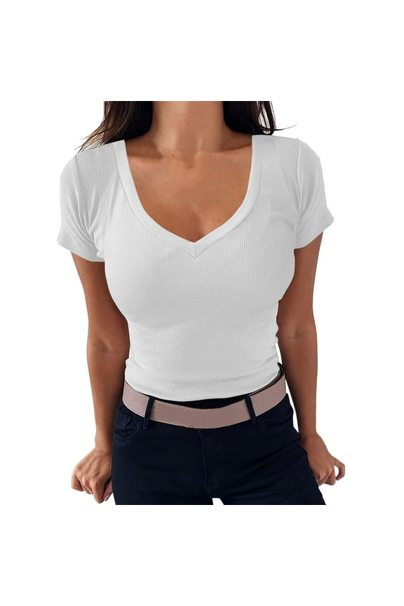 Shirts For Women V Neck Ribbed Fitted Tight Short Sleeve Basic Knit Womens Tops