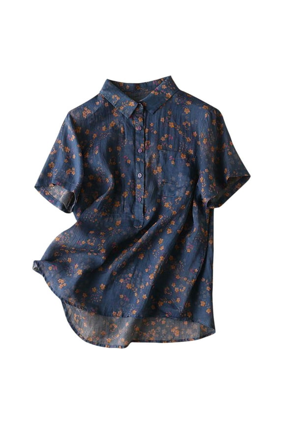 Shirts For Women Vintage Floral Short Sleeve Button Up Breathable Cotton Linen Shirt Womens Tops