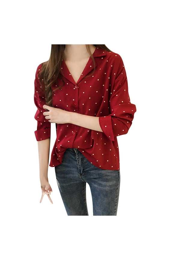 Shirts For Women Women Casual Long Sleeve Polka Dot Turn-Down Collar Casual Tops Button Shirts Womens Tops
