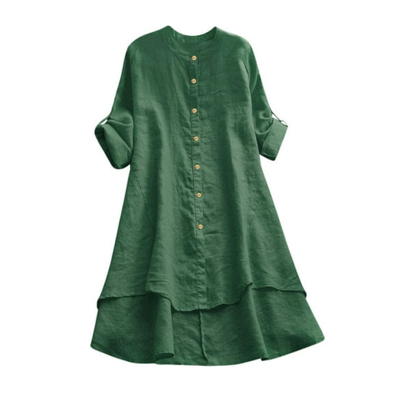 Shirts For Women Women Casual Loose Linen Soild Button Long Sleeve Long Shirt Blouse Green Lightweight Dressy Blouse Shirts M