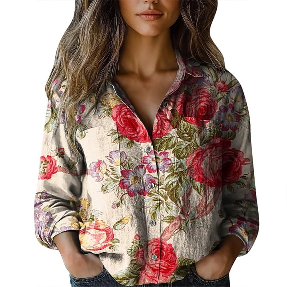 Shirts For Women Women Cotton Shirt Printed Fashion Button Down Shirts Casual Tops Long Sleeve Blouse Womens Tops
