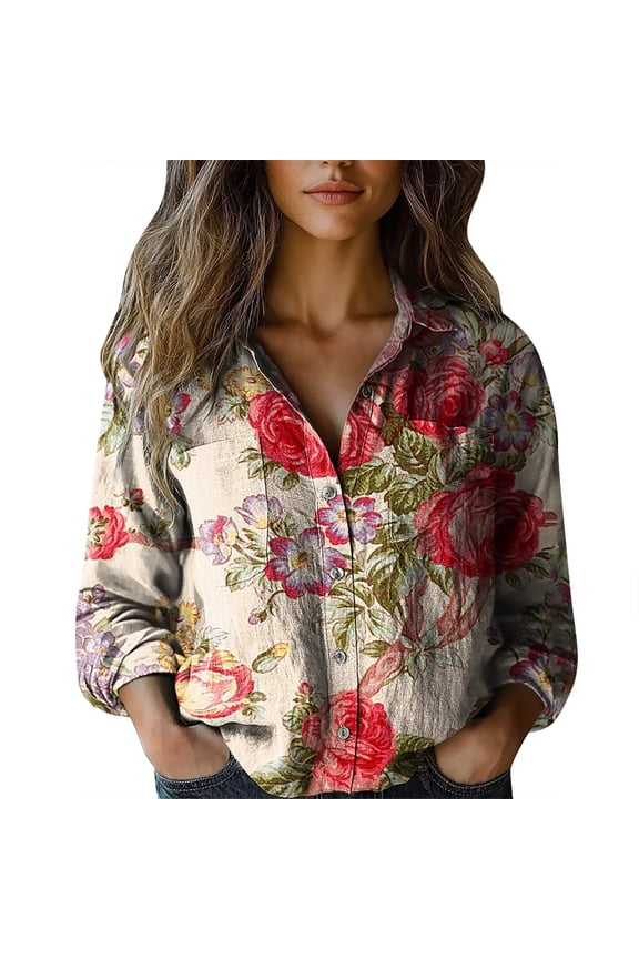 Shirts For Women Women Cotton Shirt Printed Fashion Button Down Shirts Casual Tops Long Sleeve Blouse Womens Tops