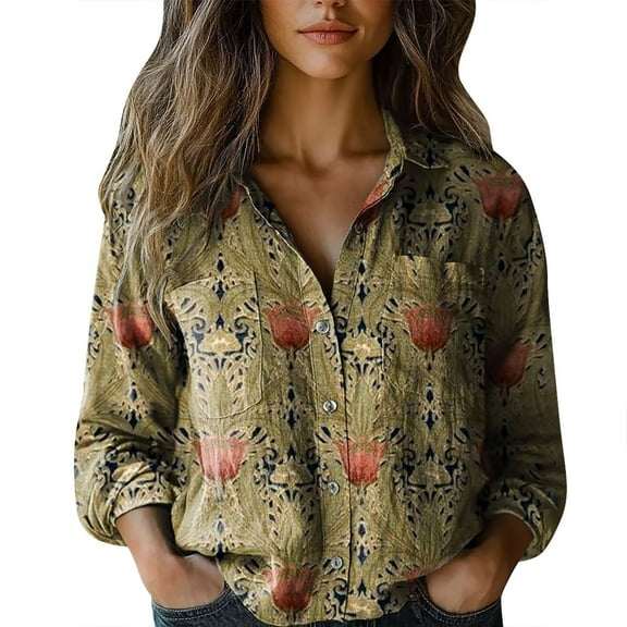 Shirts For Women Women Cotton Shirt Printed Fashion Button Down Shirts Casual Tops Long Sleeve Blouse Womens Tops