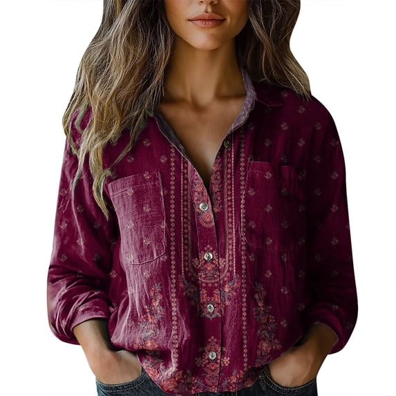 Shirts For Women Women Cotton Shirt Printed Fashion Button Down Shirts Casual Tops Long Sleeve Blouse Womens Tops