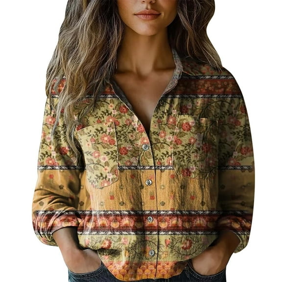Shirts For Women Women Cotton Shirt Printed Fashion Button Down Shirts Casual Tops Long Sleeve Blouse Womens Tops
