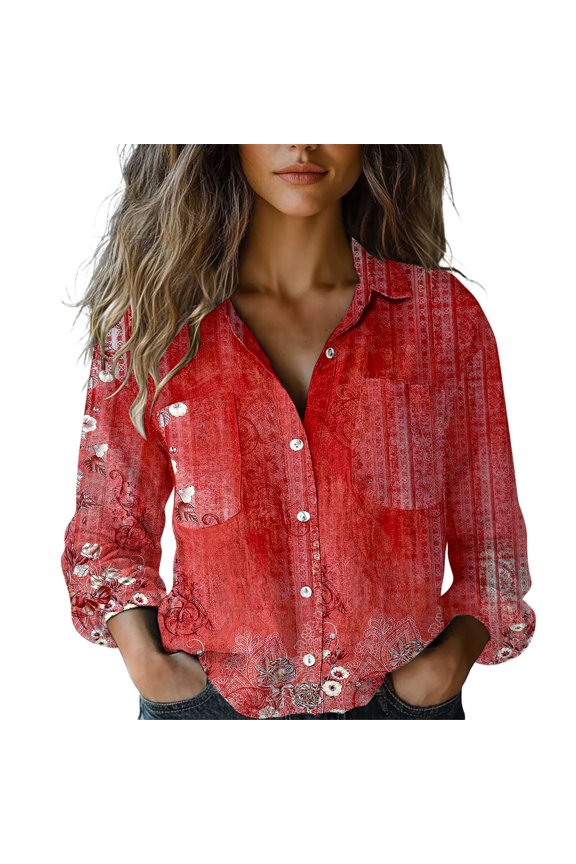 Shirts For Women Women Cotton Shirt Printed Fashion Button Down Shirts Casual Tops Long Sleeve Blouse Womens Tops