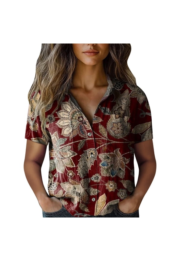 Shirts For Women Women Cotton Shirt Printed Fashion Down Shirts Casual Tops Short Sleeve Blouse Womens Tops