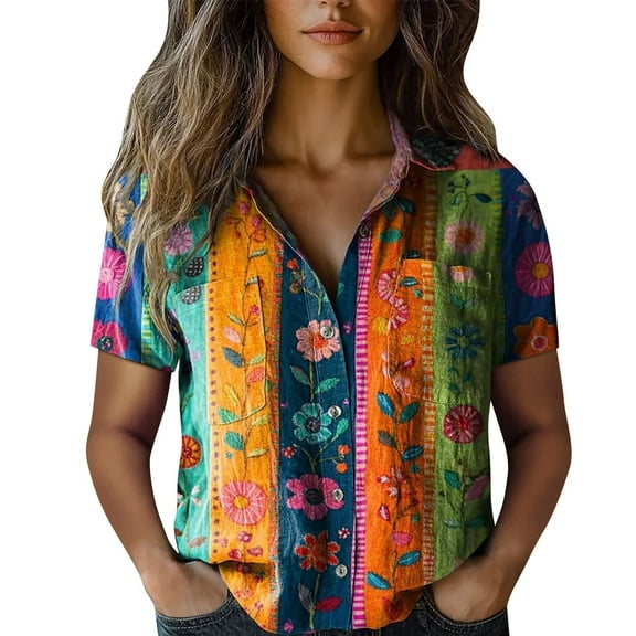 Shirts For Women Women Cotton Shirt Printed Fashion Down Shirts Casual Tops Short Sleeve Blouse Womens Tops