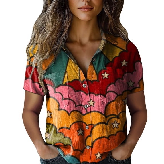 Shirts For Women Women Cotton Shirt Printed Fashion Down Shirts Casual Tops Short Sleeve Blouse Womens Tops