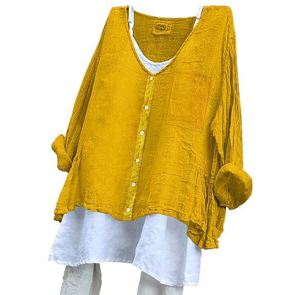 Shirts For Women Women'S Solid Color Loose Plus Size Long Cotton Texture Dress Shirt Button Womens Tops