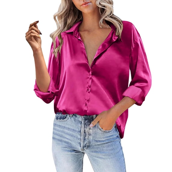 Shirts For Women Women Satin Button Down Shirt Casual Long Sleeve V Neck Blouse Loose Business Work Tunic Tops Womens Tops