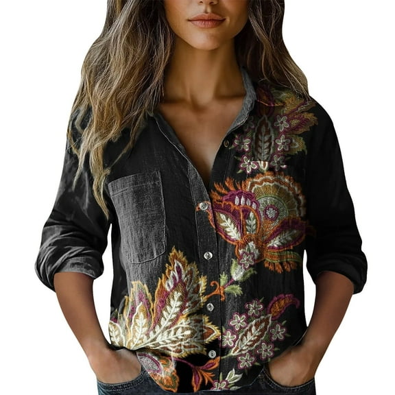 Shirts For Women Women's Cotton Shirt Printed Fashionable Button Up Shirt Casual Top With Seven Quarter Sleeves Shirt Womens Tops