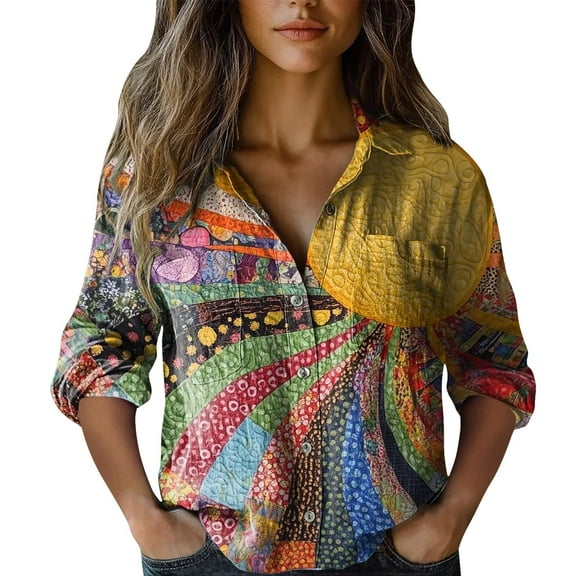 Shirts For Women Women's Cotton Shirt Printed Fashionable Button Up Shirt Casual Top With Seven Quarter Sleeves Shirt Womens Tops
