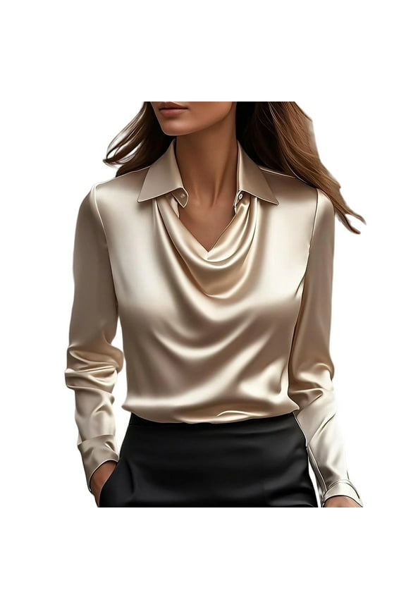 Shirts For Women Women's Elegant Cowl Neck Satin Blouse Long Sleeve Work Shirt Top Womens Tops