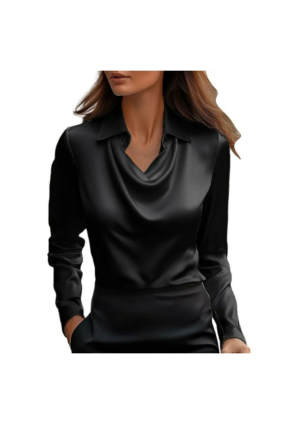 Shirts For Women Women's Elegant Cowl Neck Satin Blouse Long Sleeve Work Shirt Top Womens Tops