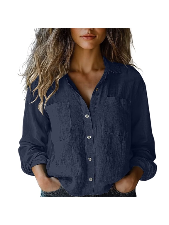 Shirts For Women Womens Cotton Linen Down Shirt Spring Casual Long Sleeve Solid Color Shirts Loose Work Tops With Pockets Womens Tops