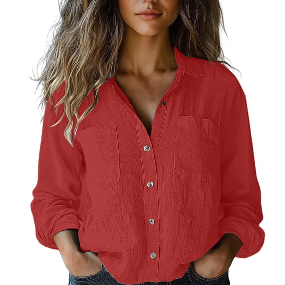 Shirts For Women Womens Cotton Linen Down Shirt Spring Casual Long Sleeve Solid Color Shirts Loose Work Tops With Pockets Womens Tops