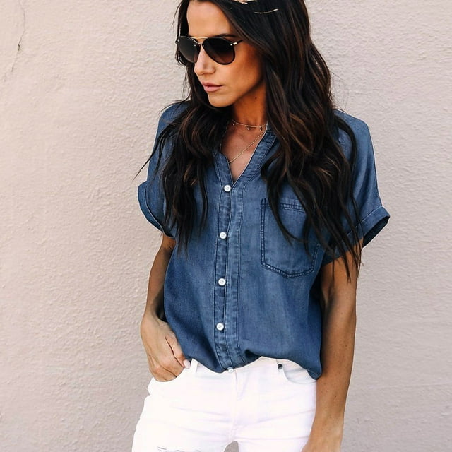 Shirts For Womens Casual Soft Denim Shirt Tops Blue Jean Button Short ...