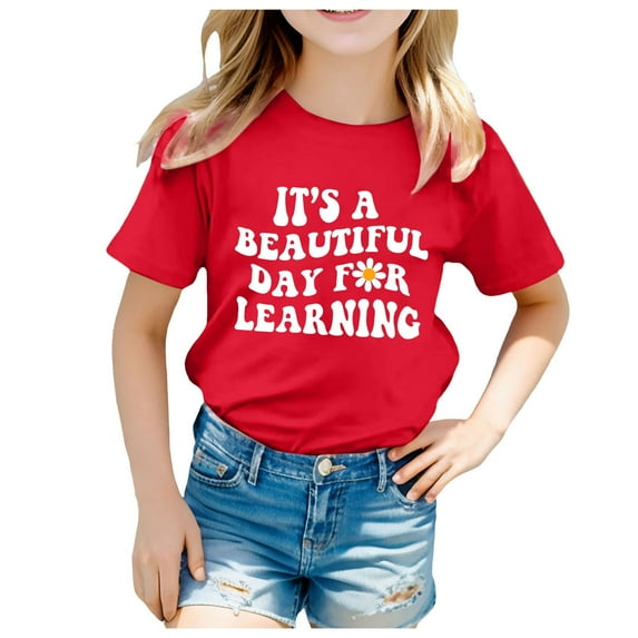 Shirts for Girls 10-12 Clearance Kids School Season Back to School Season Printed Casual Short Sleeve Top T Shirt Girls Shirts Clothes for Girls Orange, 130